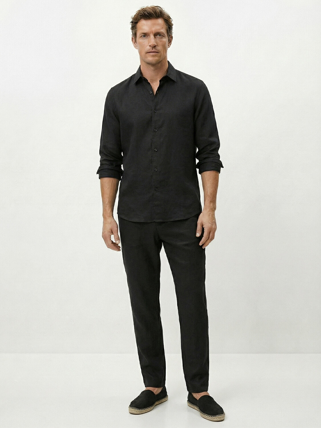 Siyah %100 Keten Regular Fit Gömlek (1)