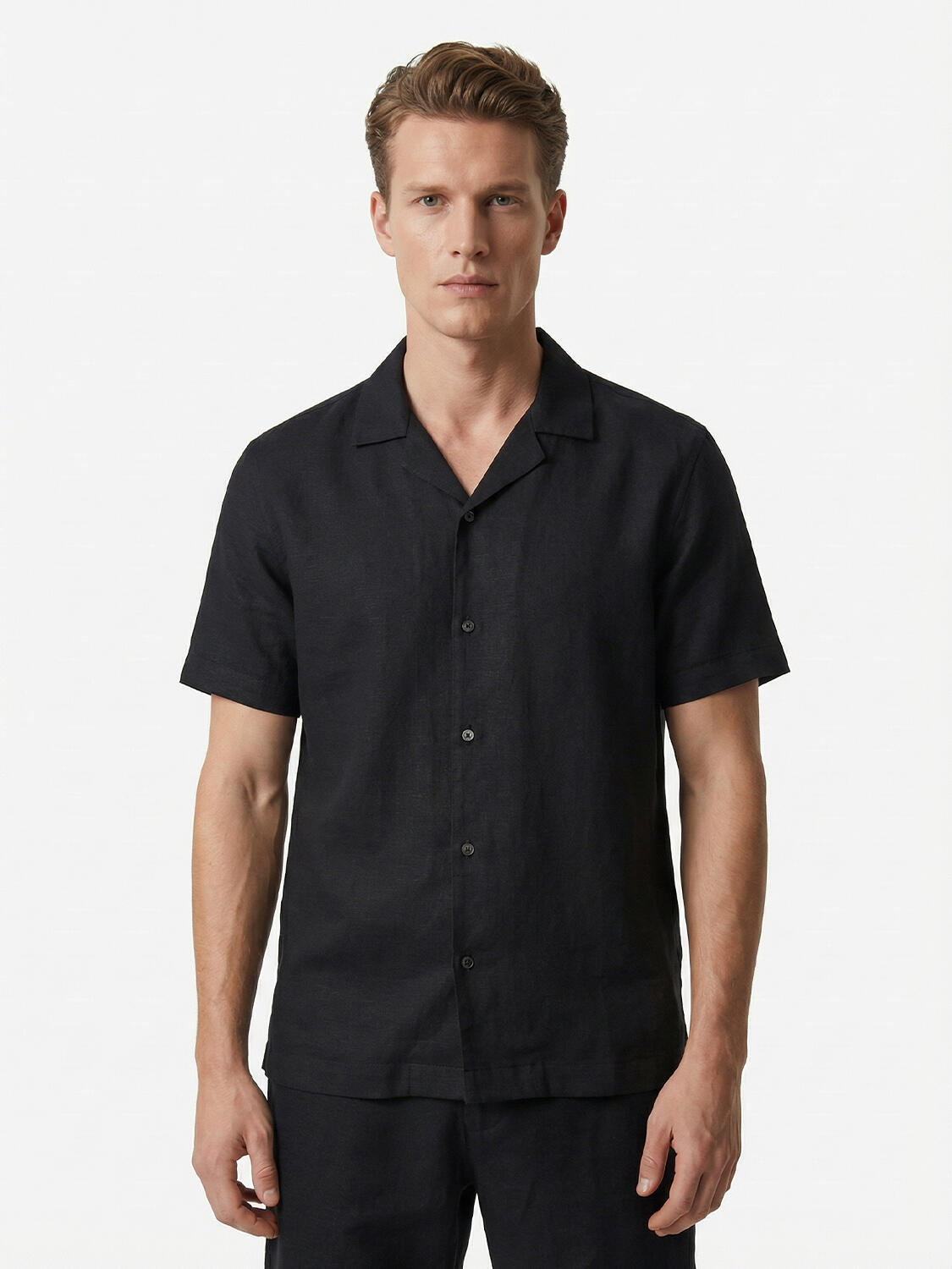 Siyah %100 Keten Regular Fit Gömlek - 1