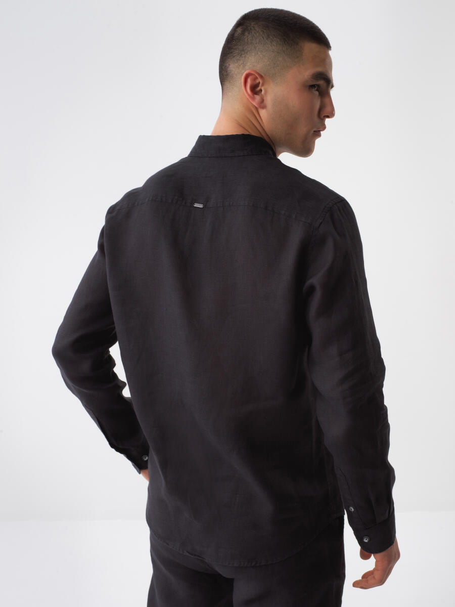 Siyah %100 Keten Regular Fit Gömlek - 4
