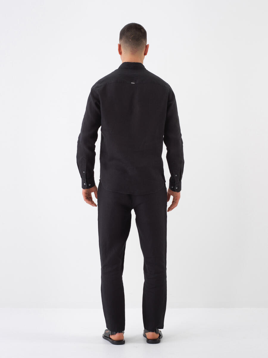 Siyah %100 Keten Regular Fit Gömlek - 5