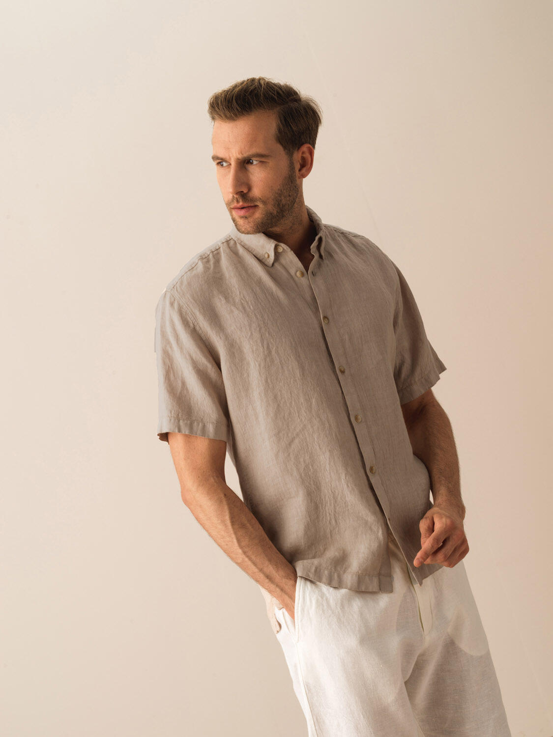 Taş Rengi %100 Keten Regular Fit Gömlek