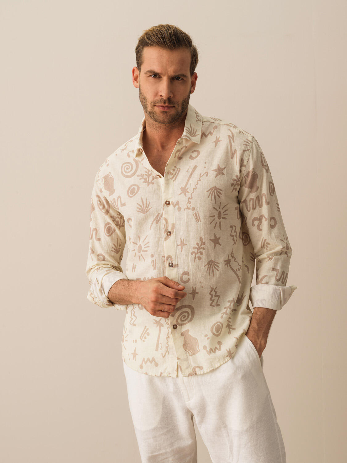 Taş Rengi Keten Karışımlı Regular Fit Gömlek