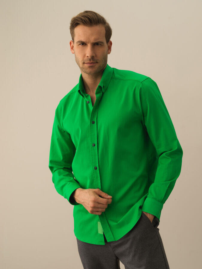 Xint Toptan Yeşil Pamuk Dokulu Regular Fit Gömlek