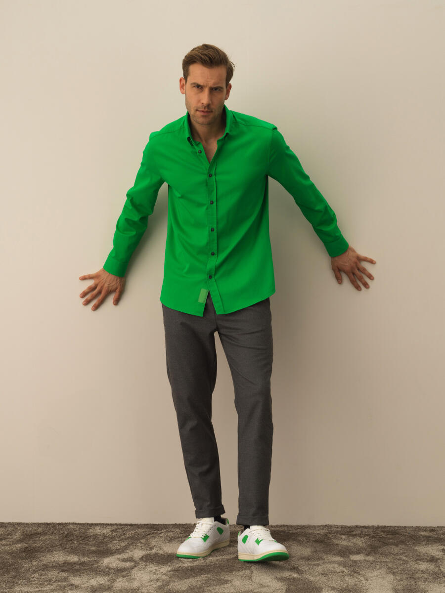 Yeşil Pamuk Dokulu Regular Fit Gömlek - 2