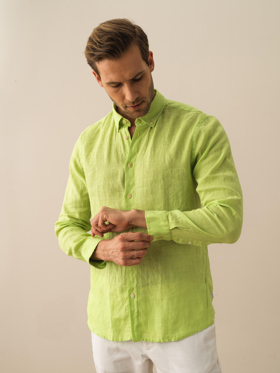 Yeşil %100 Keten Regular Fit Gömlek