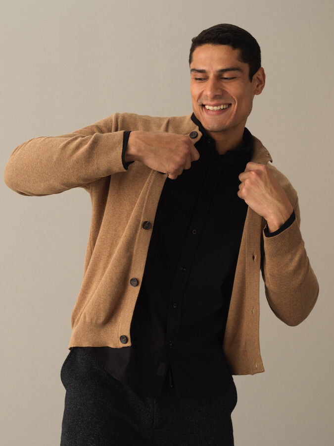 Camel Regular Fit Dik Yaka Pamuklu Hırka - 1