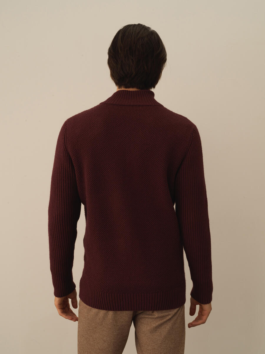 Bordo Doğal Yün Dokulu Regular Fit Hırka - 4