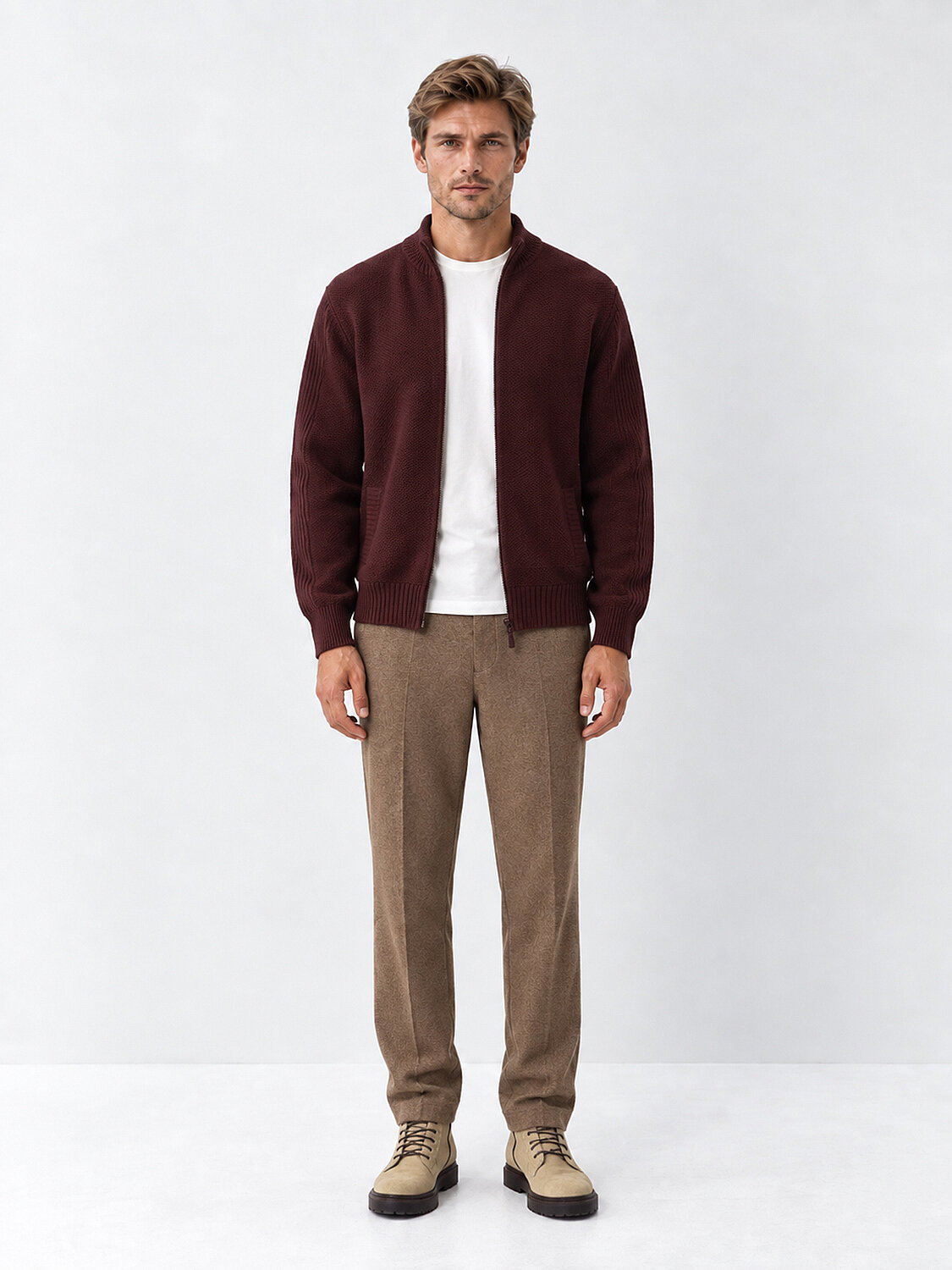 Bordo Regular Fit Dik Yaka Yünlü Hırka - 2