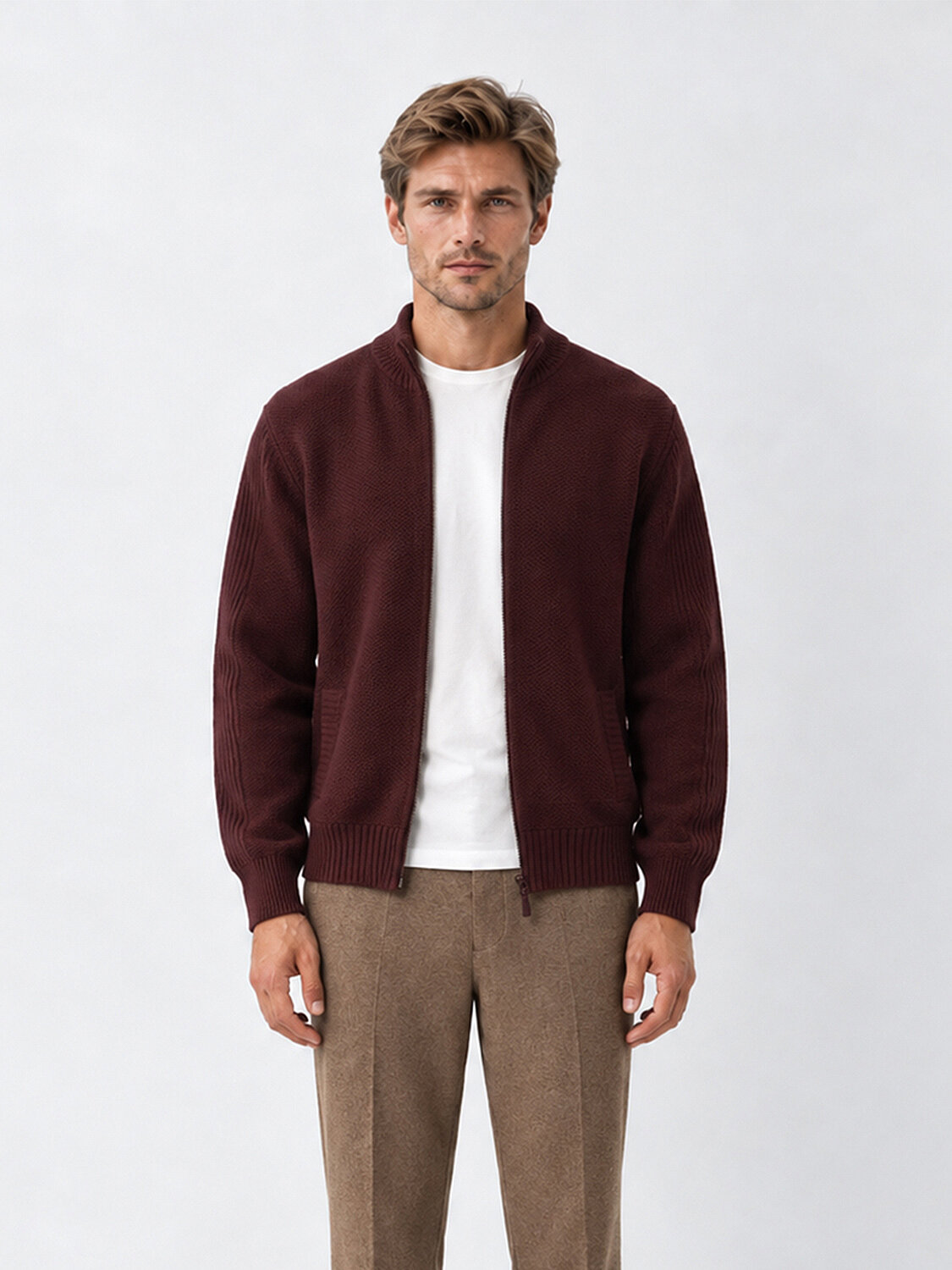 Bordo Regular Fit Dik Yaka Yünlü Hırka - 1