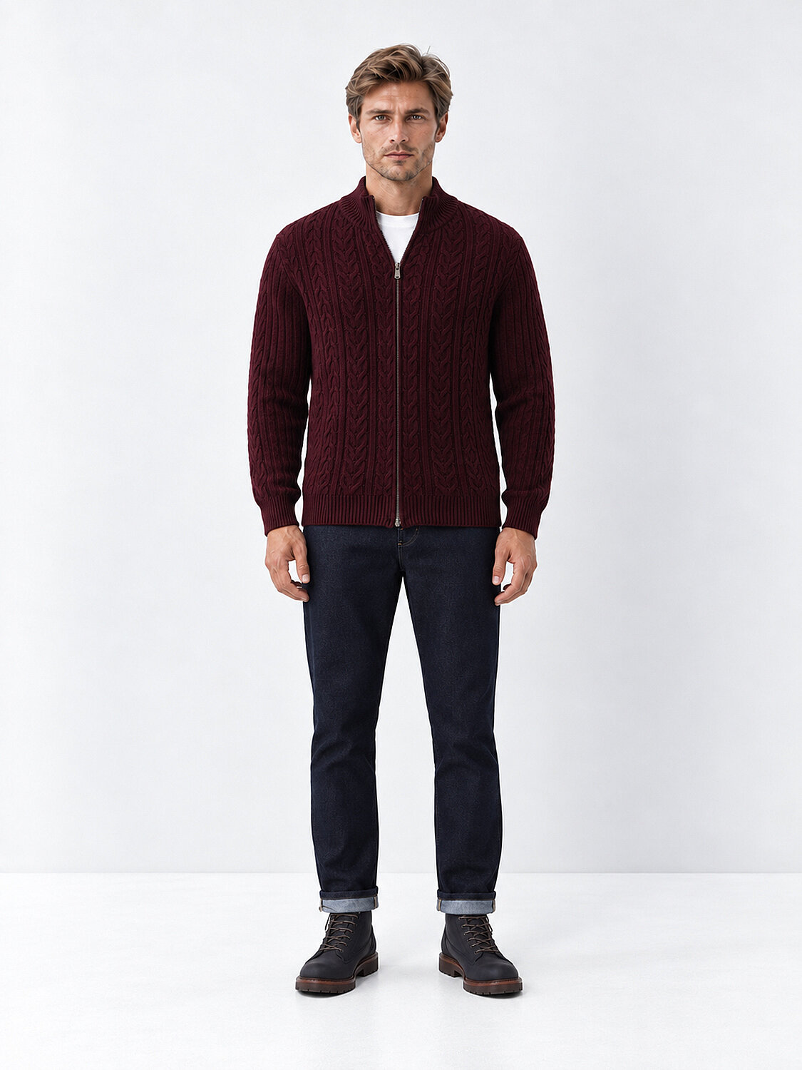 Bordo Regular Fit Dik Yaka Hırka - 2