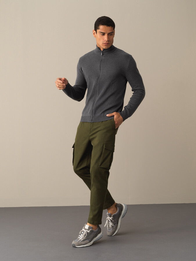 Antrasit Pamuk Dokulu Fermuarlı Hırka - Xint