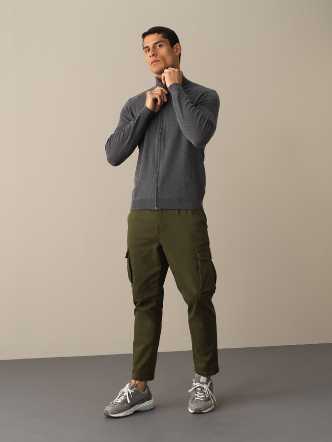 Antrasit Pamuk Dokulu Fermuarlı Hırka - Xint