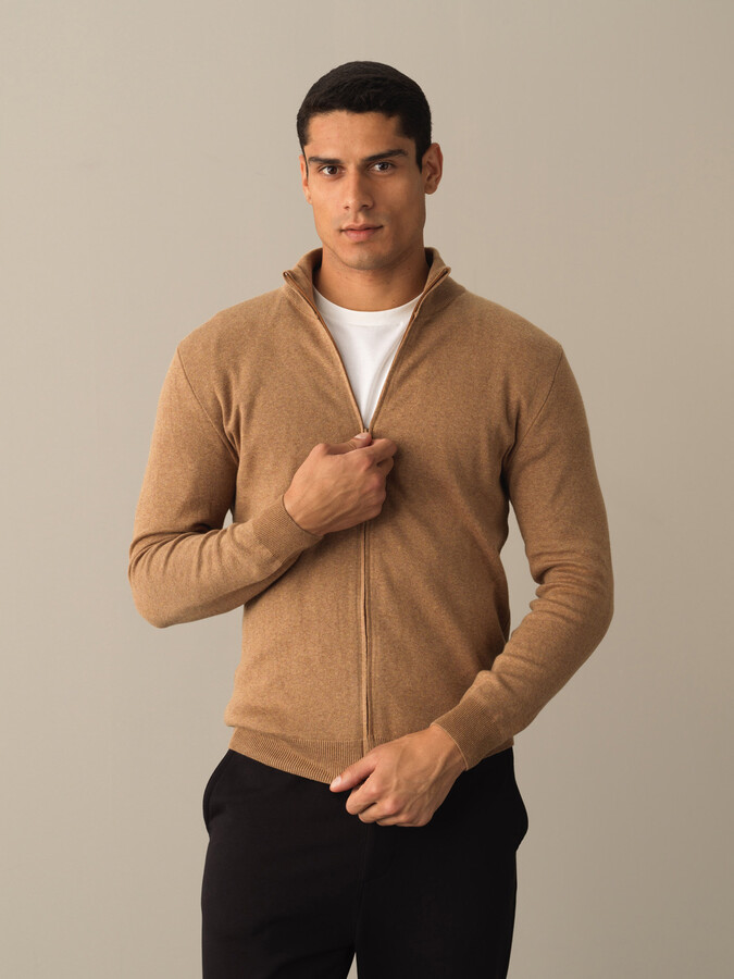 Camel Pamuk Dokulu Fermuarlı Hırka - Xint