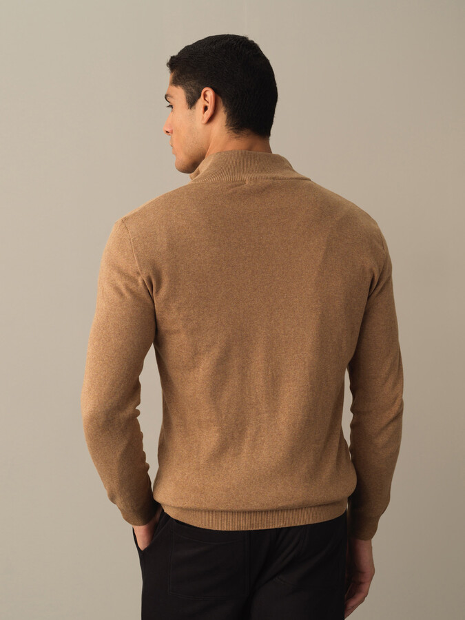 Camel Pamuk Dokulu Fermuarlı Hırka - Xint