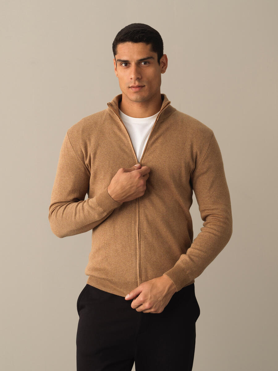 Camel Pamuk Dokulu Fermuarlı Hırka