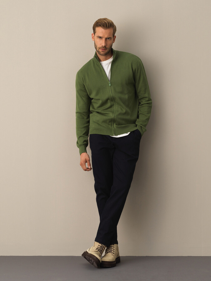 Yeşil Pamuk Dokulu Fermuarlı Hırka - Xint