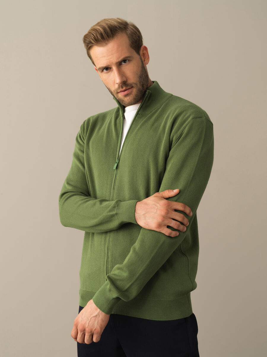 Yeşil Pamuk Dokulu Fermuarlı Hırka