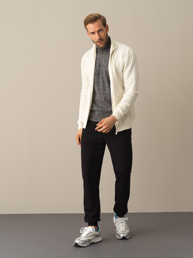 Ekru Pamuk Dokulu Fermuarlı Hırka - Xint