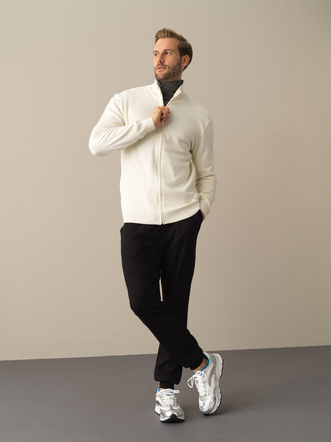 Ekru Pamuk Dokulu Fermuarlı Hırka - Xint