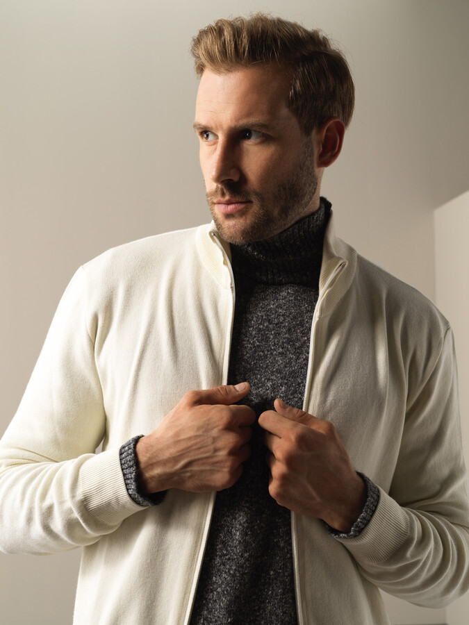 Ekru Pamuk Dokulu Fermuarlı Hırka - Xint