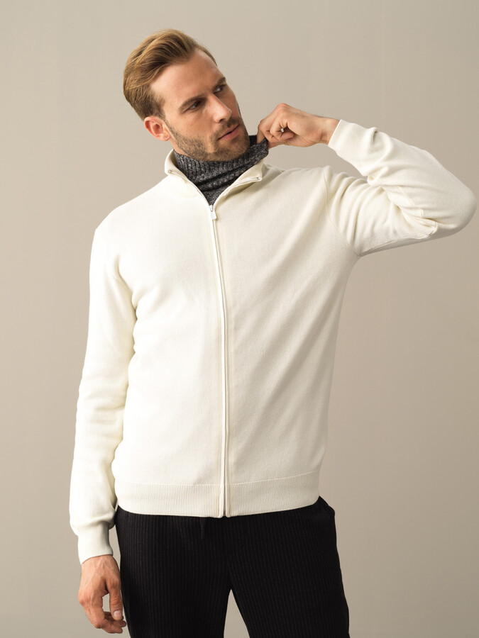 Ekru Pamuk Dokulu Fermuarlı Hırka - Xint