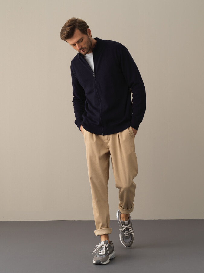 Lacivert Pamuk Dokulu Fermuarlı Hırka - Xint