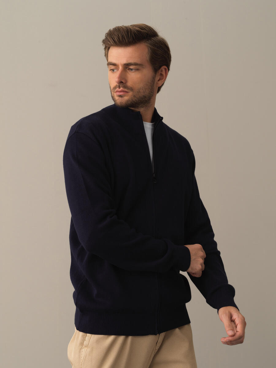 Lacivert Pamuk Dokulu Fermuarlı Hırka - 3