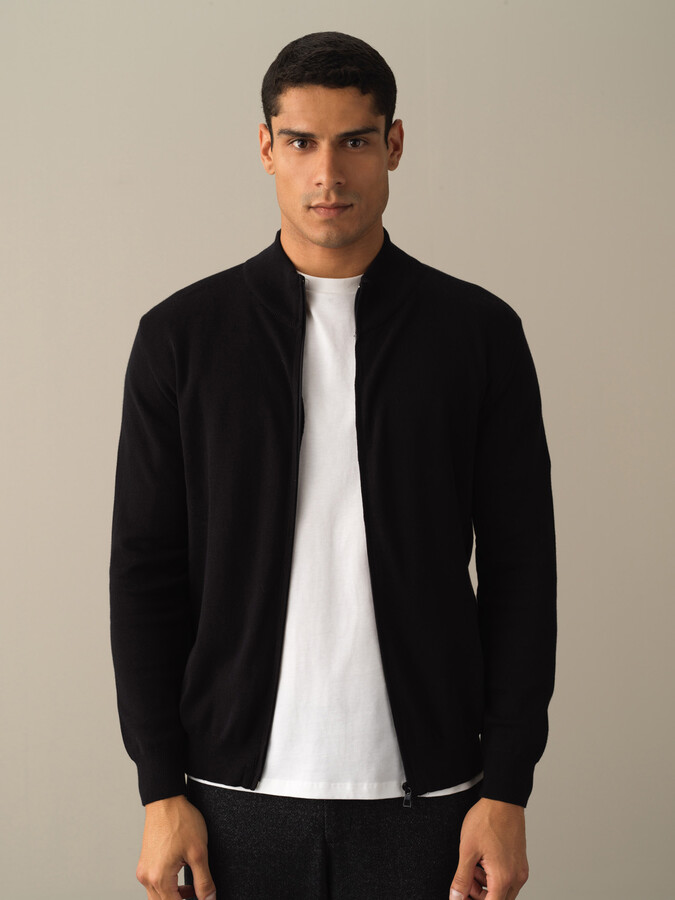 Siyah Pamuk Dokulu Fermuarlı Hırka - Xint