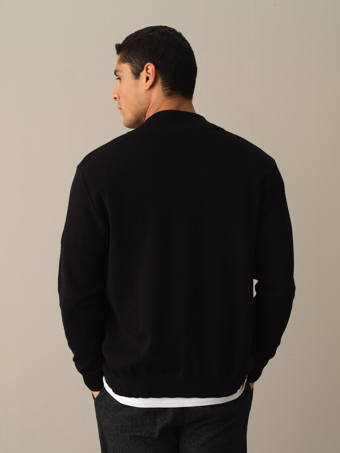 Siyah Pamuk Dokulu Fermuarlı Hırka - Xint