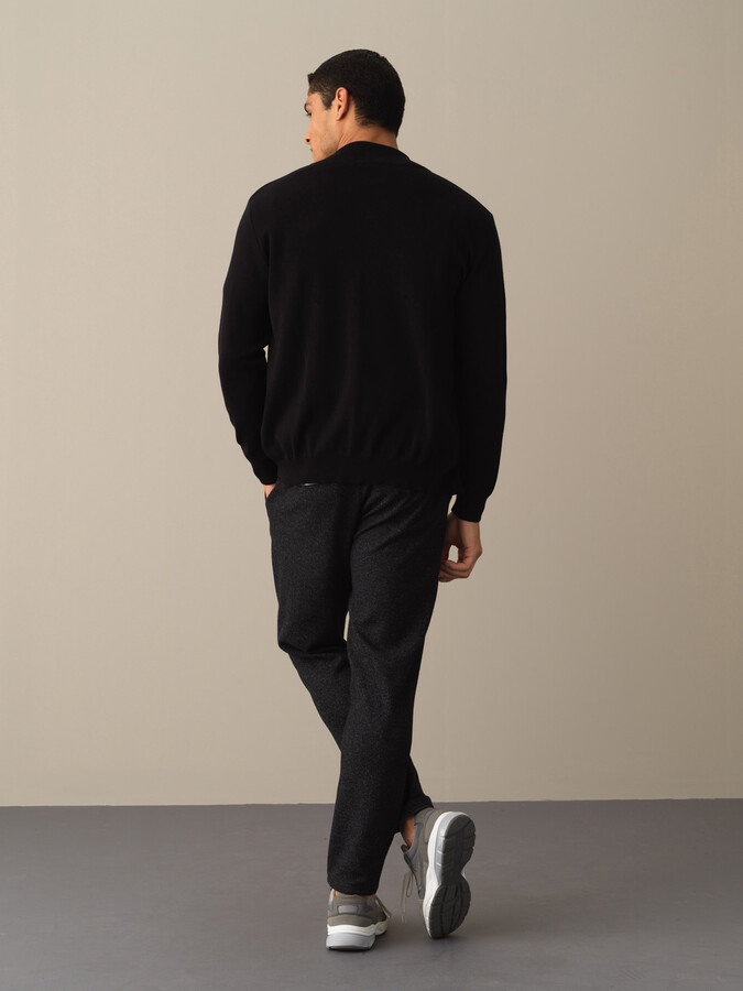 Siyah Pamuk Dokulu Fermuarlı Hırka - Xint