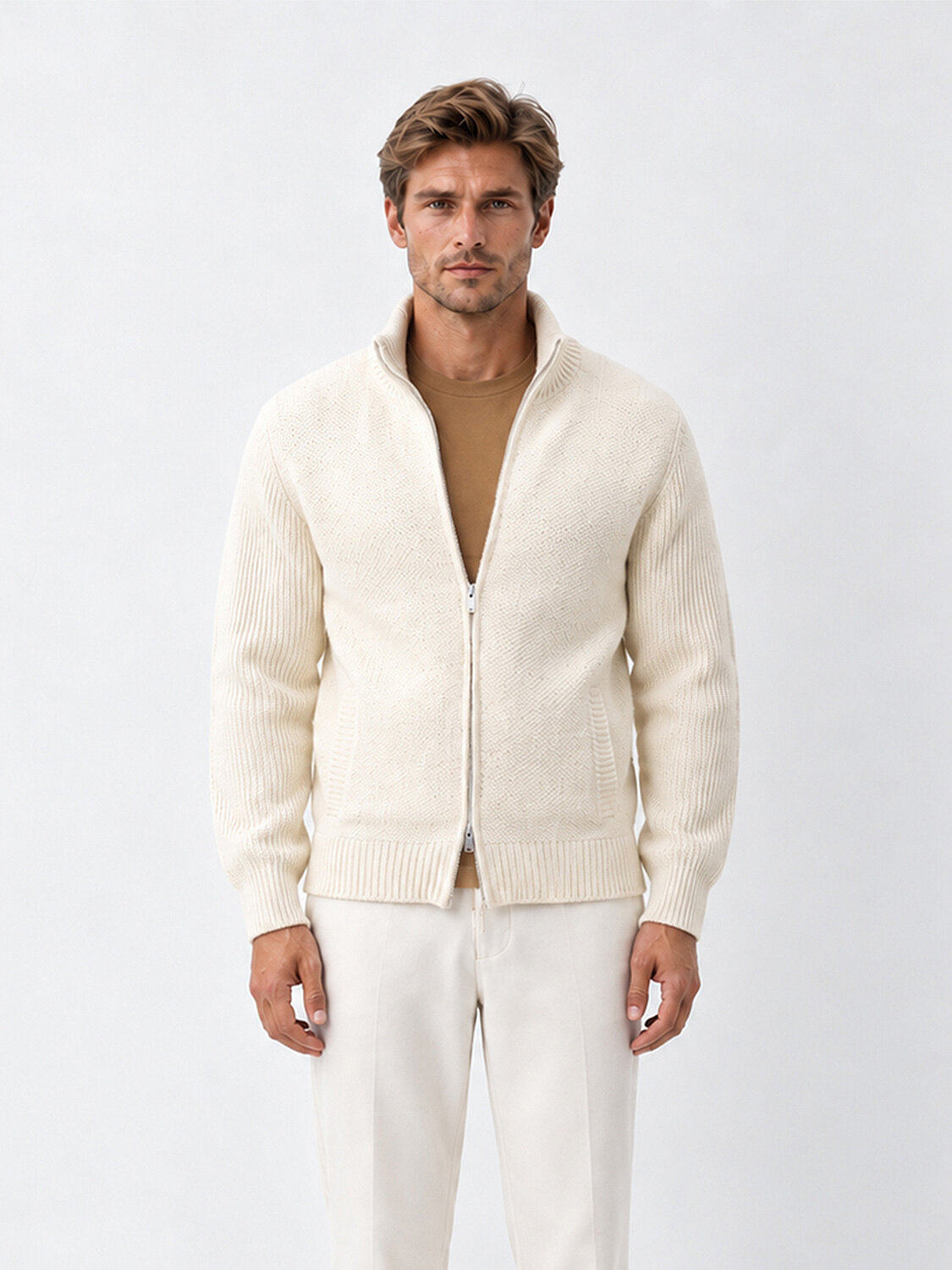 Ekru Regular Fit Dik Yaka Yünlü Hırka - 1