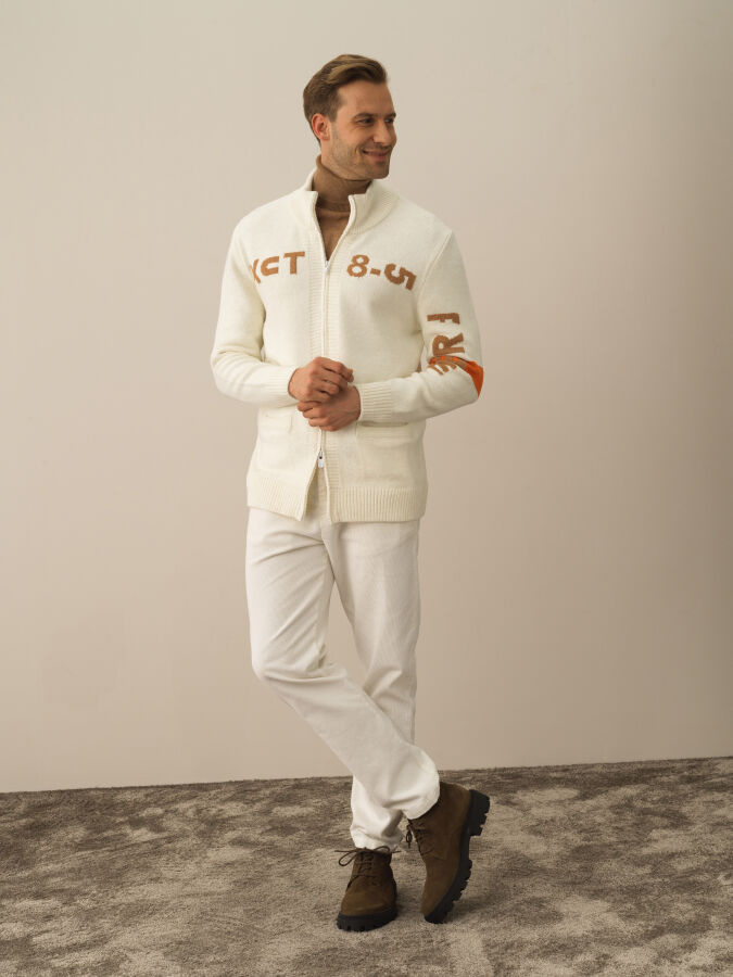 Ekru Regular Fit Bomber Yaka Yünlü Hırka - 2