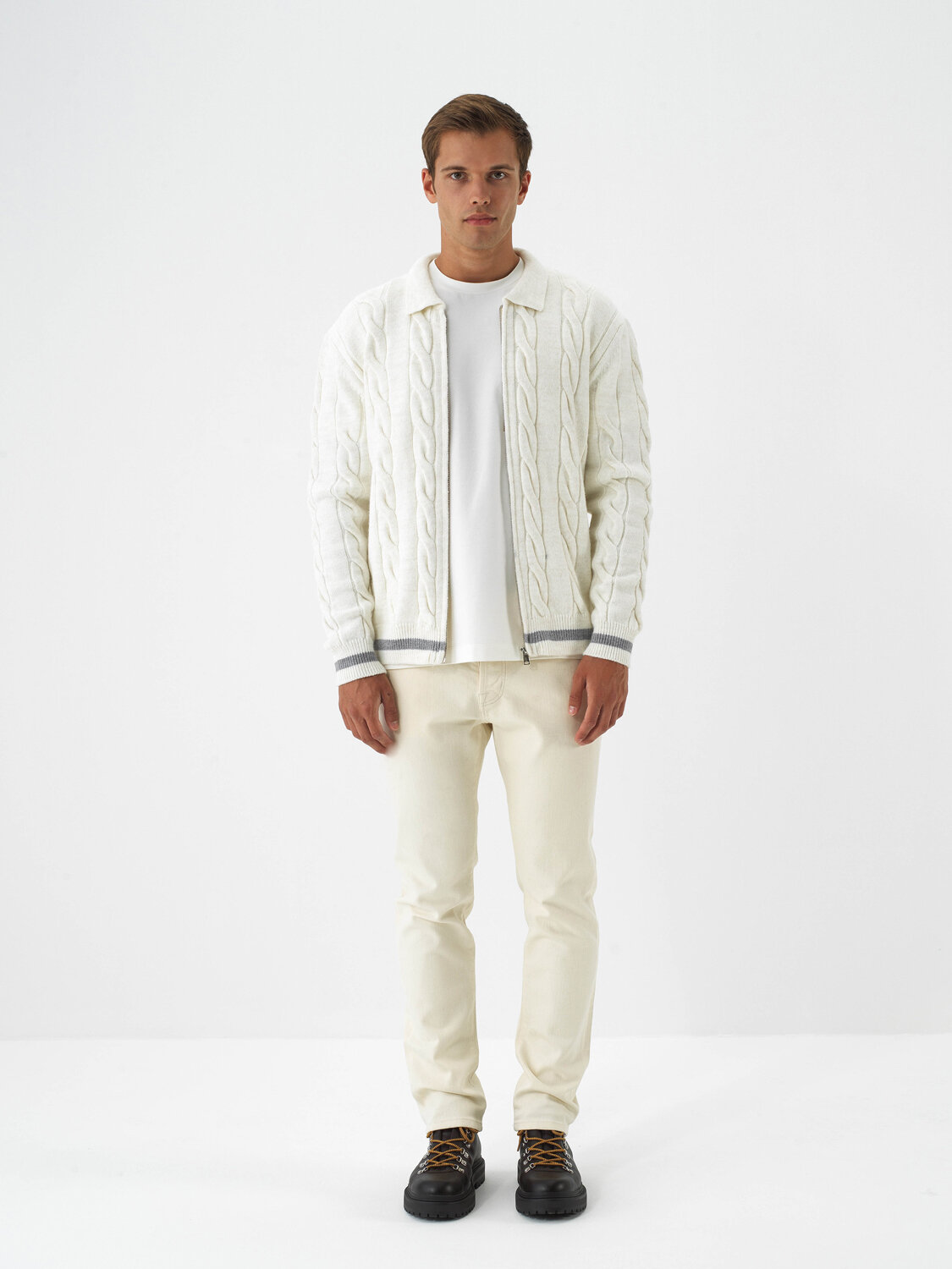 Ekru Doğal Yün Dokulu Regular Fit Hırka - Xint