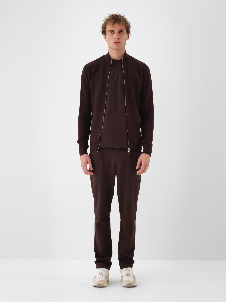 Kahverengi Doğal Yün Dokulu Regular Fit Hırka