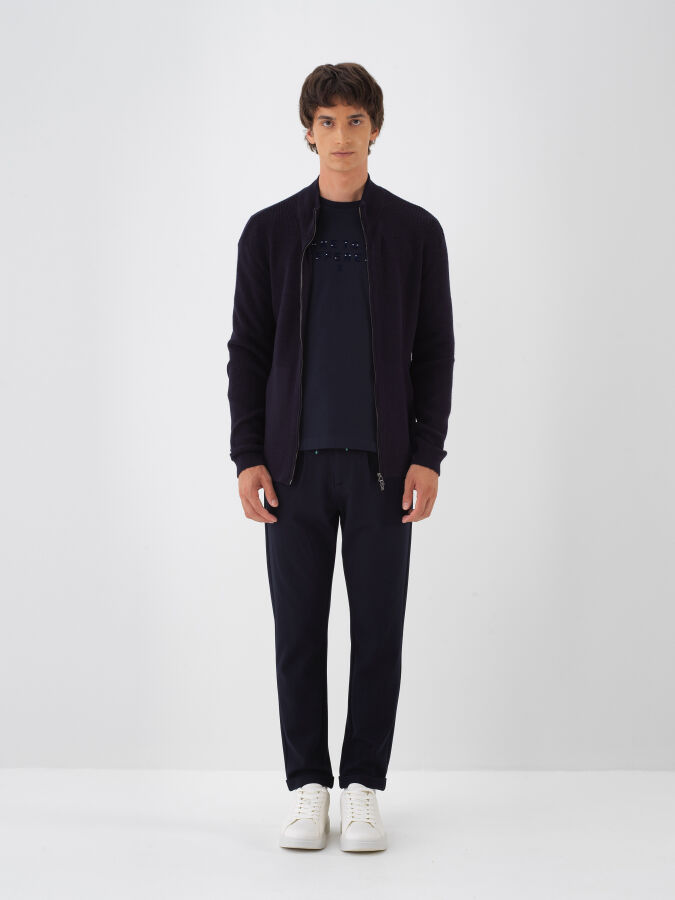 Lacivert Doğal Yün Dokulu Regular Fit Hırka - Xint