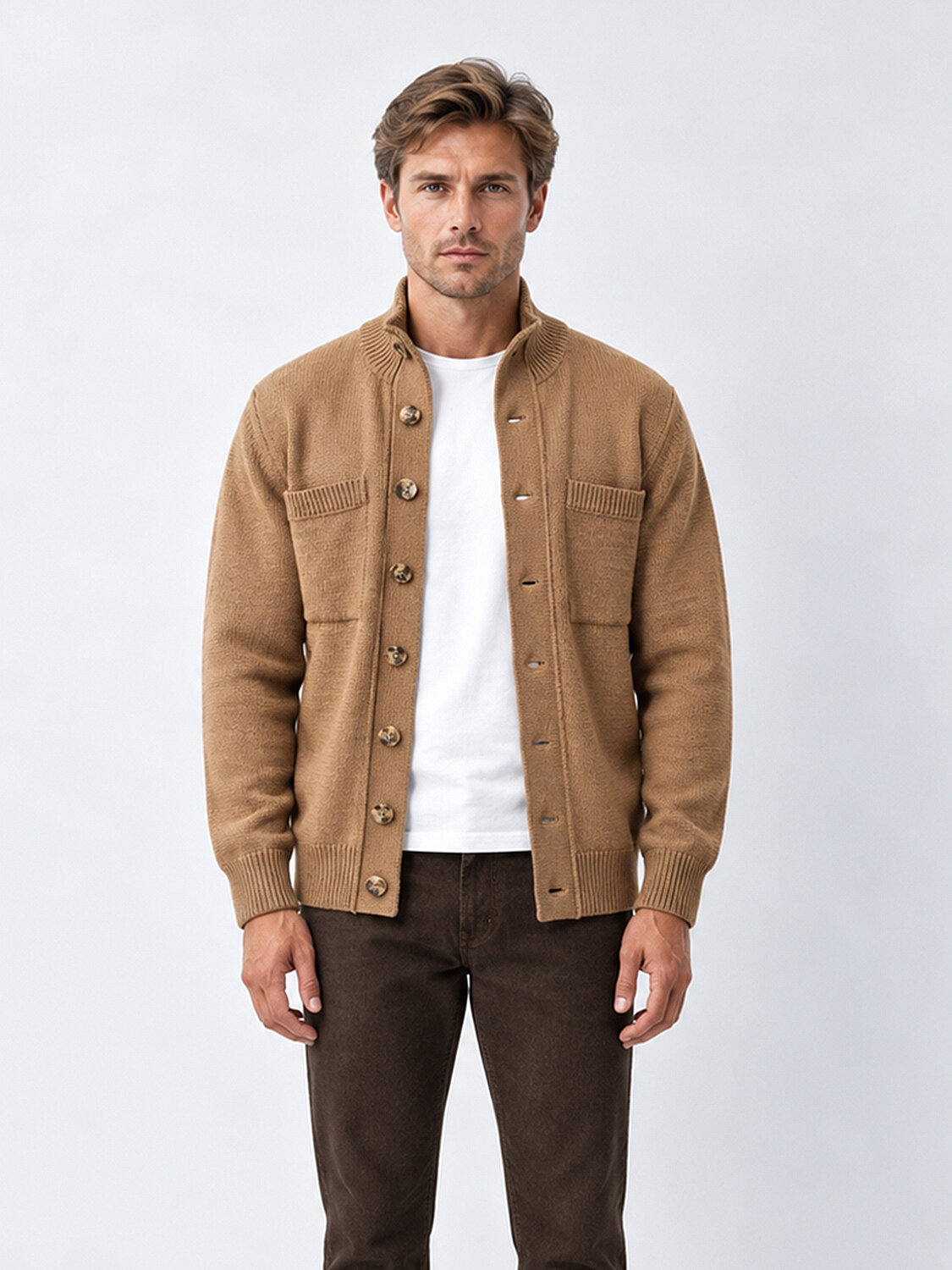 Camel Regular Fit Dik Yaka Yünlü Hırka - 1