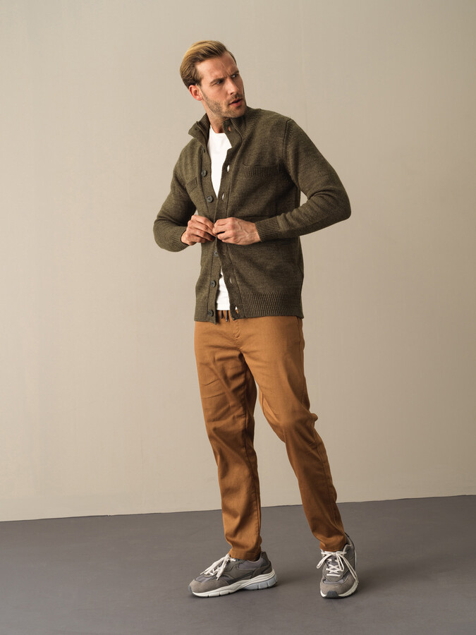 Haki Regular Fit Dik Yaka Yünlü Hırka - 2