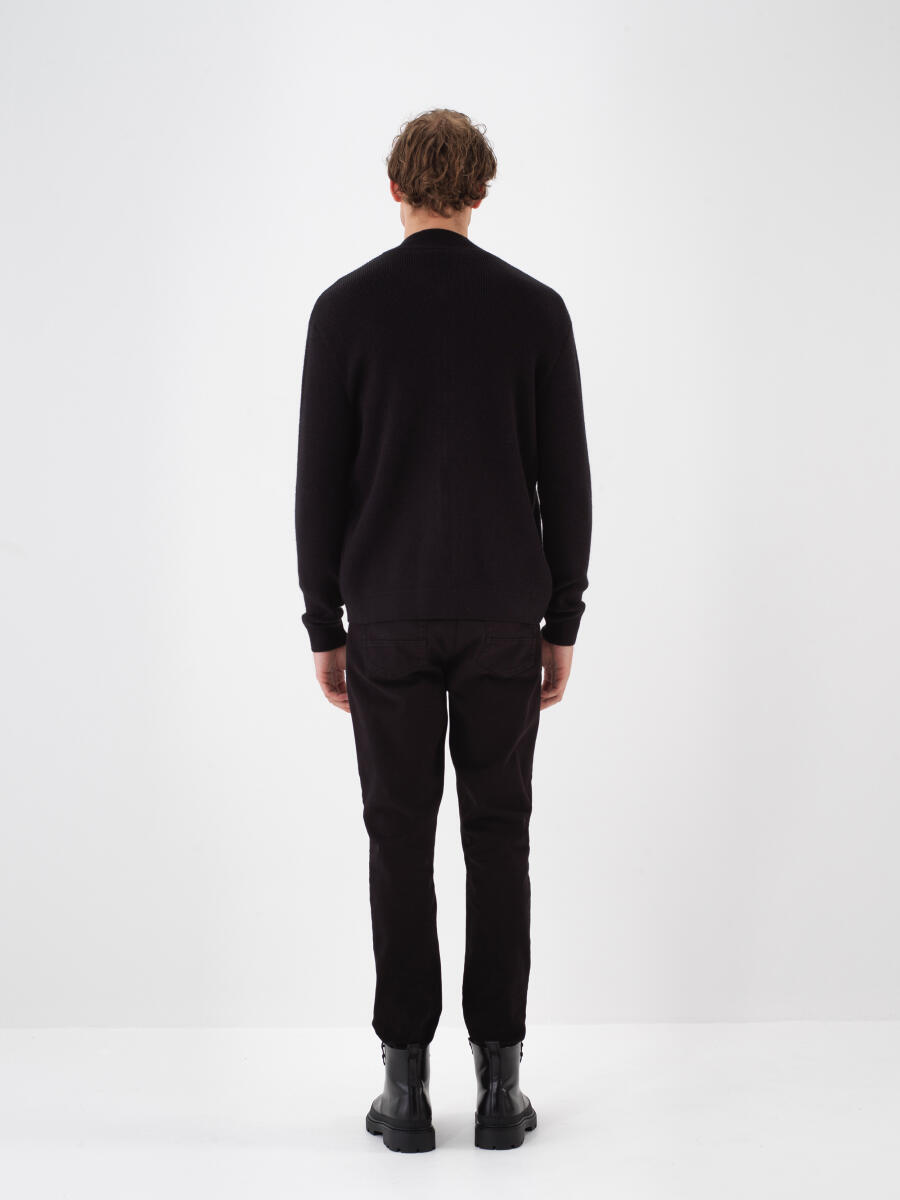 Siyah Doğal Yün Dokulu Regular Fit Hırka - 5