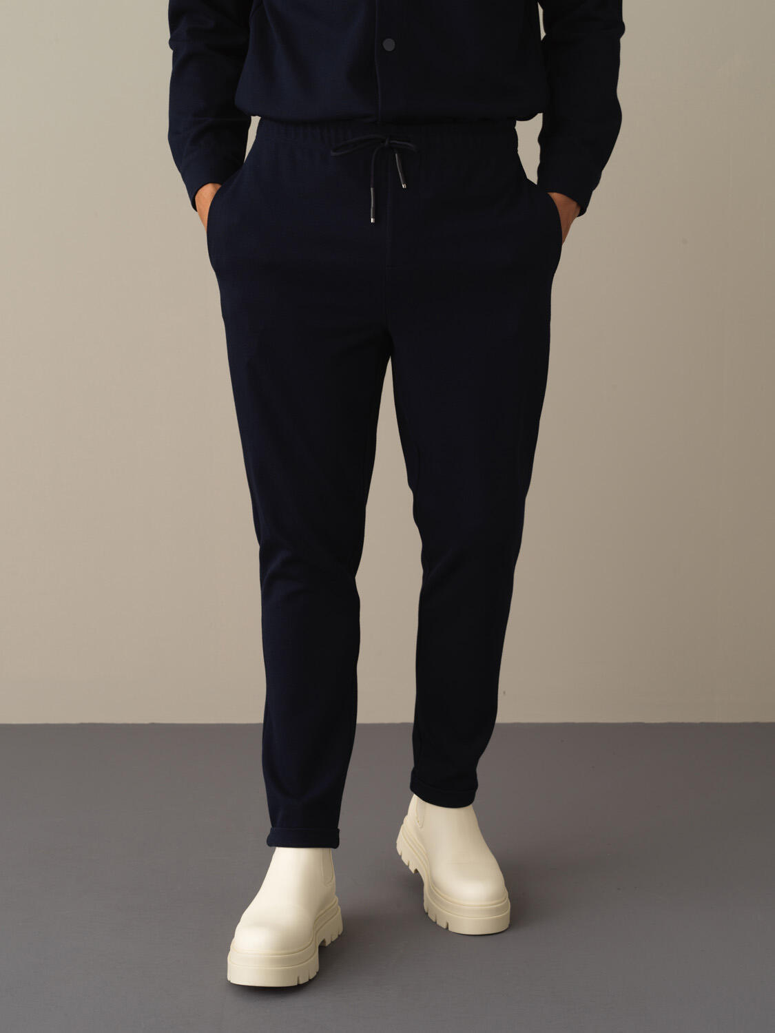 Lacivert Esnek Dokulu Regular Fit Jogger Pantolon 