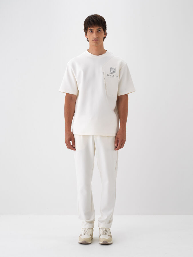 Ekru Pamuk Dokulu Regular Fit Jogger Pantolon - Xint