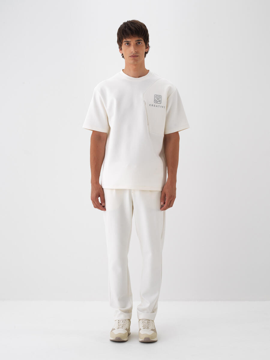 Ekru Pamuk Dokulu Regular Fit Jogger Pantolon - 4