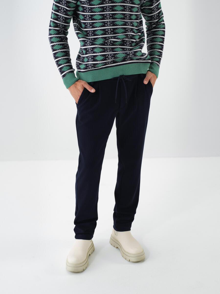 Lacivert Esnek Dokulu Regular Fit Jogger Pantolon