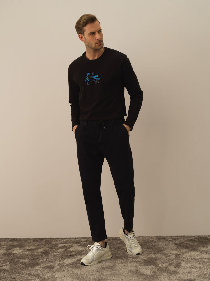 Siyah Pamuk Dokulu Regular Fit Jogger Pantolon - Xint