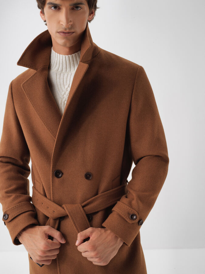 Camel Doğal Yün Dokulu Regular Fit Kaban - Xint