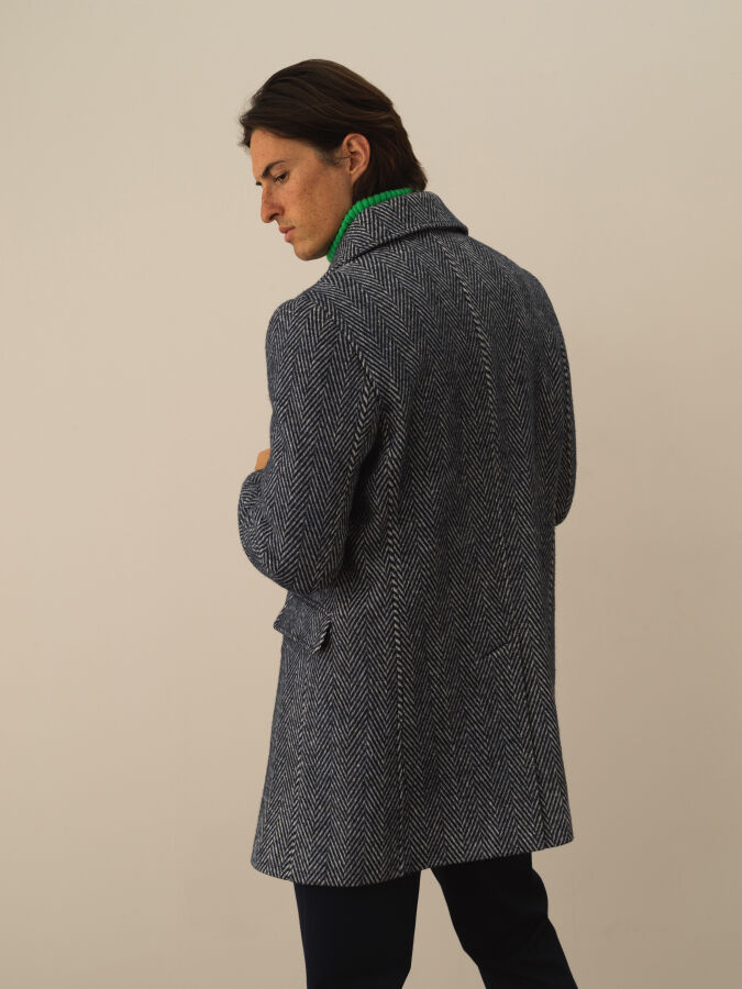 Lacivert Doğal Yün Dokulu Regular Fit Kaban - Xint