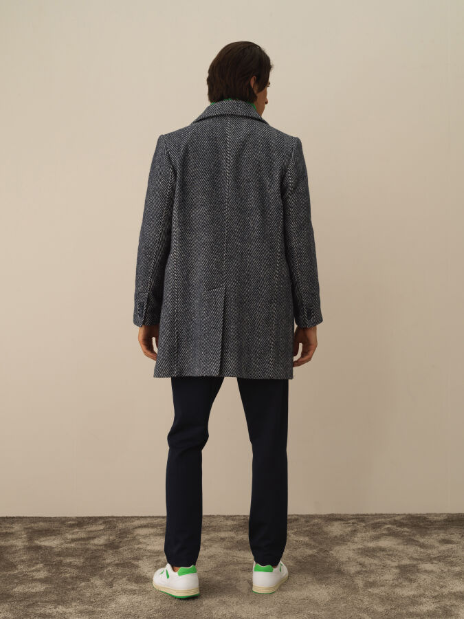 Lacivert Doğal Yün Dokulu Regular Fit Kaban - Xint