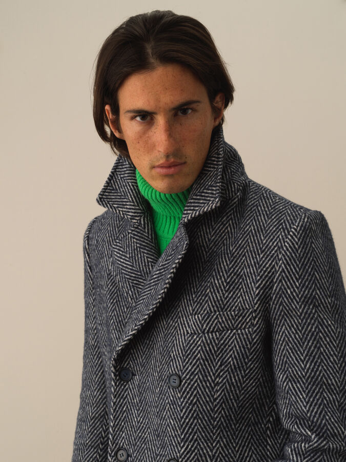 Lacivert Doğal Yün Dokulu Regular Fit Kaban - Xint