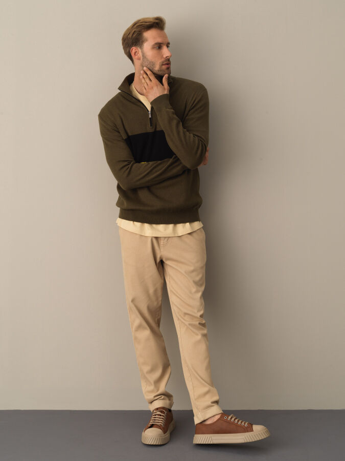 Haki Regular Fit Dik Yaka Pamuk Sweatshirt - 2