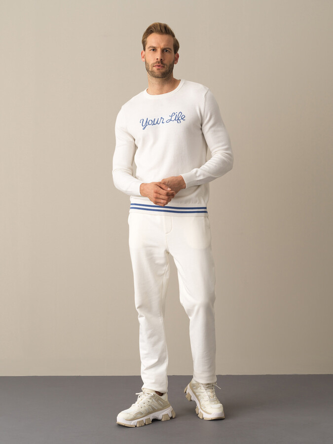 Ekru Regular Fit Bisiklet Yaka Pamuklu Kazak - 2