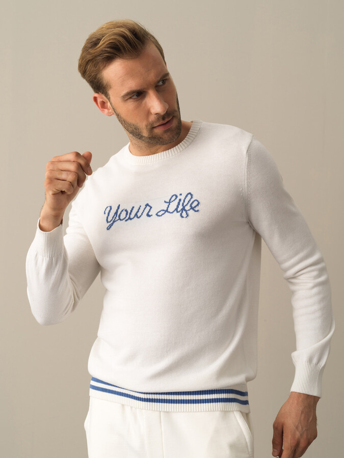 Ekru Regular Fit Bisiklet Yaka Pamuklu Kazak - 1